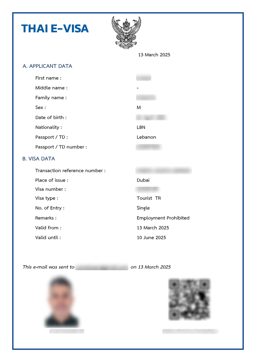 Sample Thai e-Visa, a different document from the TDAC
